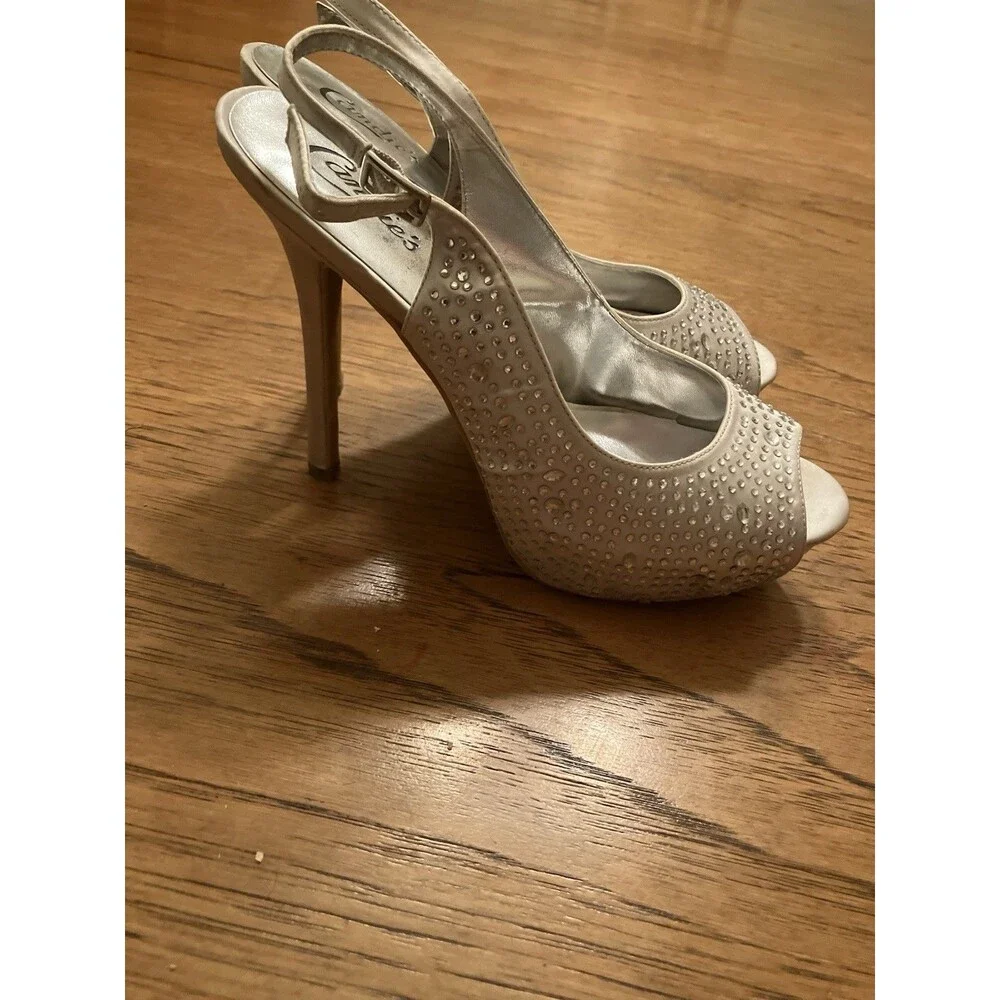 Candie's Silver Rhinestone Slingback Open Toe Buckle Ankle Strap Textile 9M